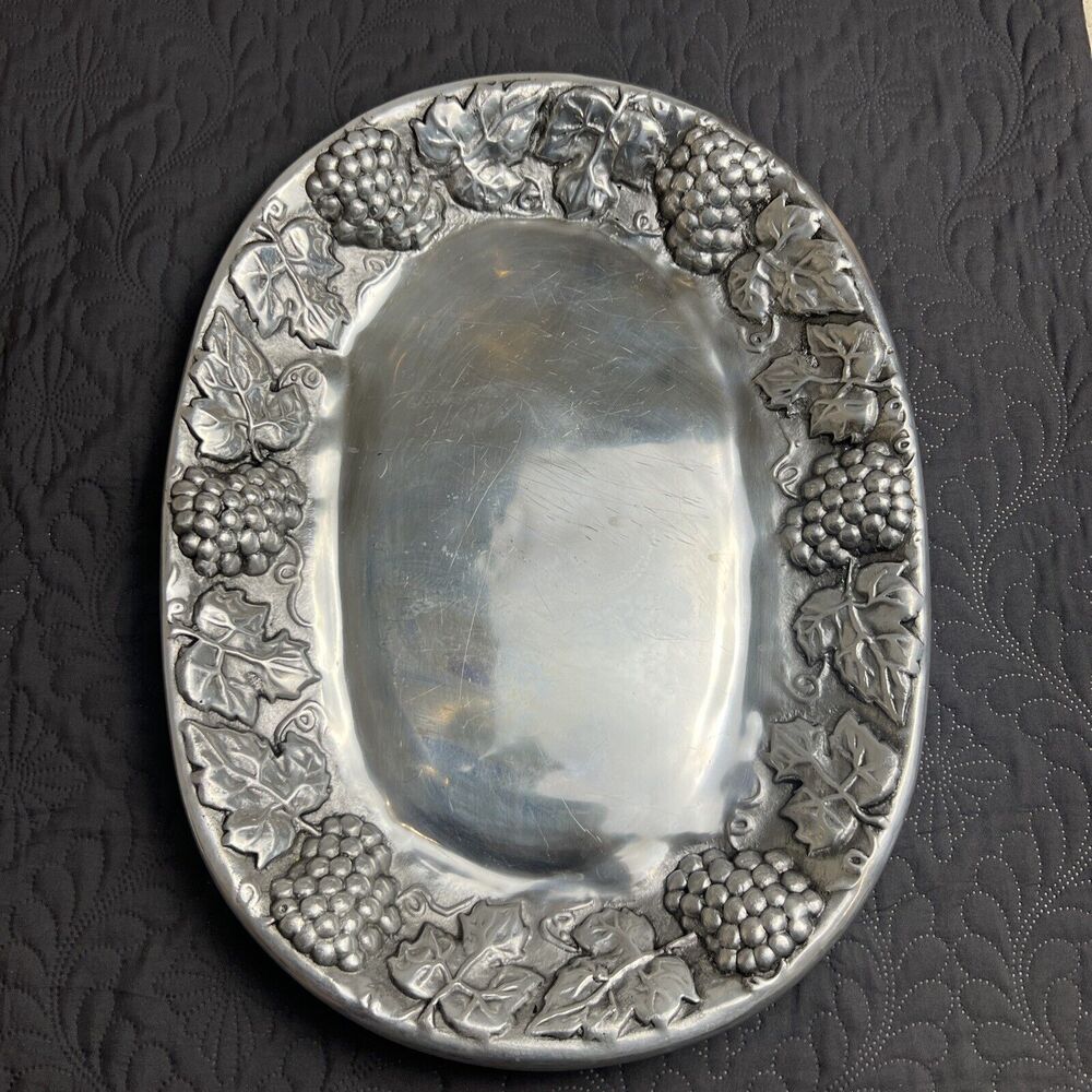 VTG Mexican Pewter Grape & Vine Silver Tray Platter  Large Holiday Serverware